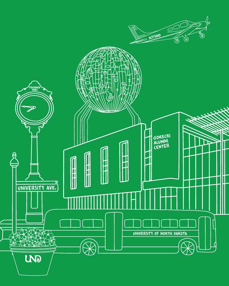 Graphic sketch of Gorecki Alumni Center with eternal flame and airplane