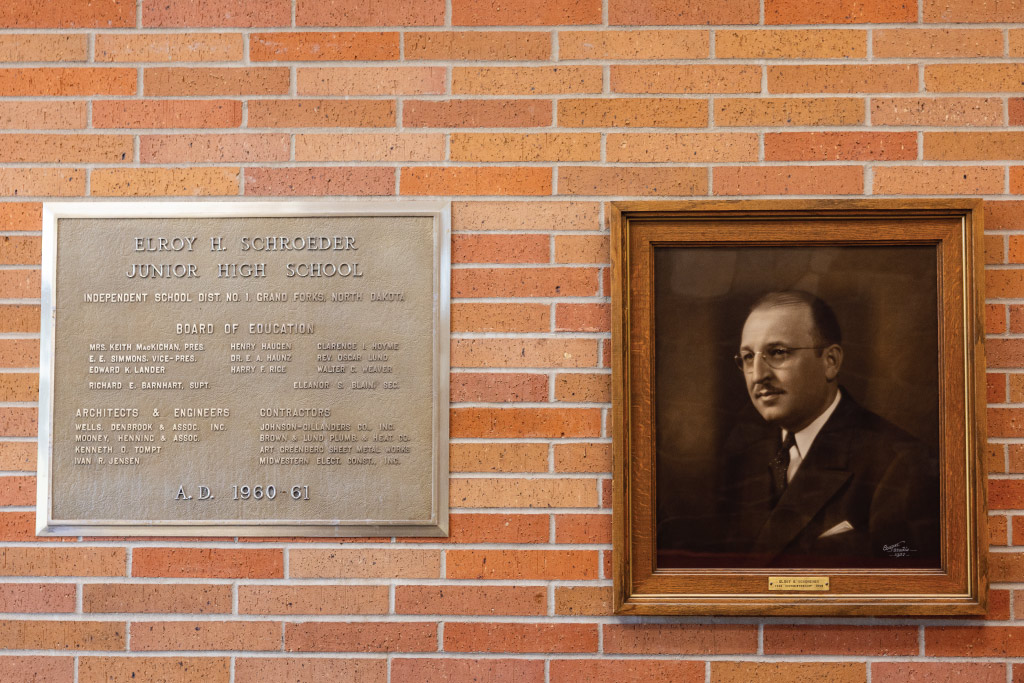 Elroy Schroeder plaque on the wall of Schroeder Middle School